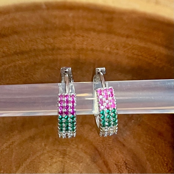 Jewelry - Multicolor Rainbow CZ 18K White Gold Filled Huggie Hoop Earrings